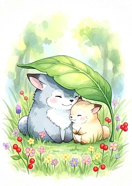 Cute Animals Under Leaf Watercolor