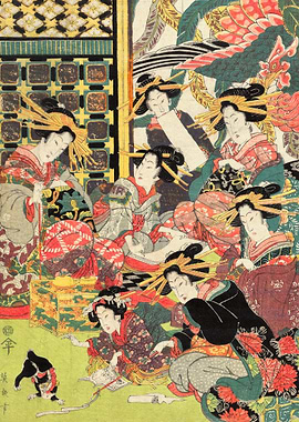 Japanese Ukiyo-e Women and Dog