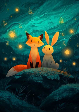 Fox and Rabbit Under Fireflies