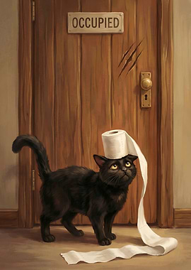 Mischievous Cat with Toilet Paper Hat