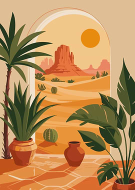 Desert Landscape with Plants Illustration