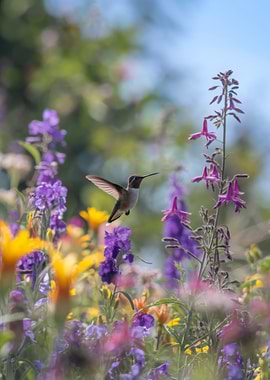 Hummingbird in a field of flowers