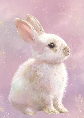 Cute White Bunny on Pink Background