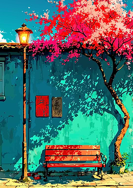 Vibrant Street Scene with Cherry Blossoms