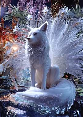 Elegant White Fox with Feather Tails