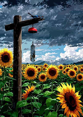 Sunflower Field with Wind Chime and Bird