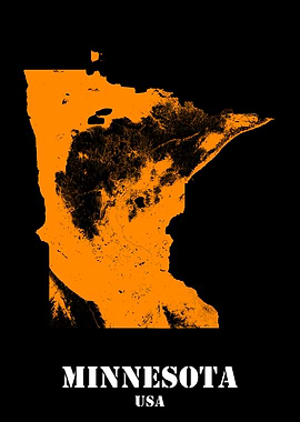 Minnesota USA State Minimalist Black Orange Topographic Contour Relief Map featuring terrain in orange color
