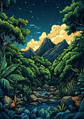 Lush Jungle Landscape at Night