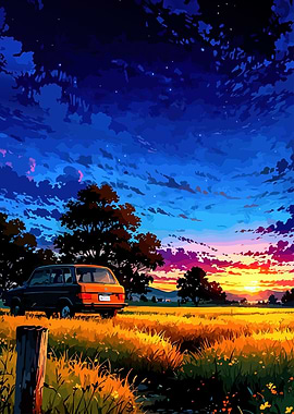 Car in Field at Sunset