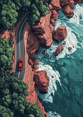 Coastal Road Trip with Red Car