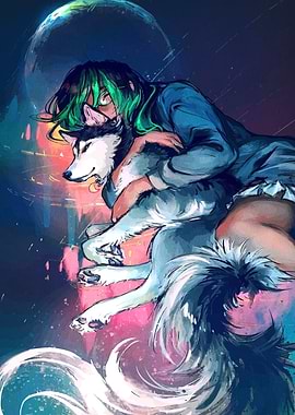 Girl hugging husky dog digital art