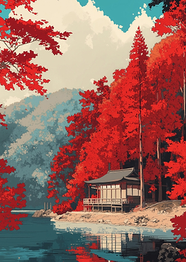 Autumn Landscape with Traditional Japanese House
