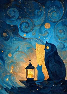 Night Sky Owls and Cat
