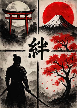 Japanese landscape with samurai and Mount Fuji