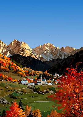 Autumn Mountain Village Landscape Painting