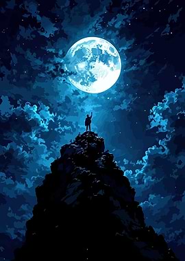 Man on Mountain Under Full Moon