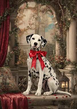 Dalmatian with Red Bow in Garden
