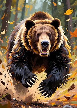 Charging Grizzly Bear in Autumn Forest
