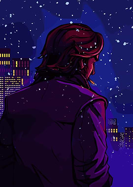 Cityscape at Night with Man Smoking