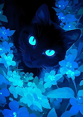 Black Cat in Blue Flowers