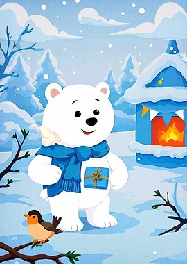 Winter Bear with Gift Illustration