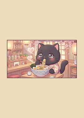 Cute Cat Eating Ramen Illustration