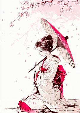 Geisha with Umbrella and Cherry Blossoms