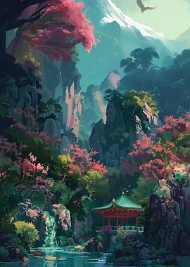 Japanese Garden with Pagoda and Waterfall