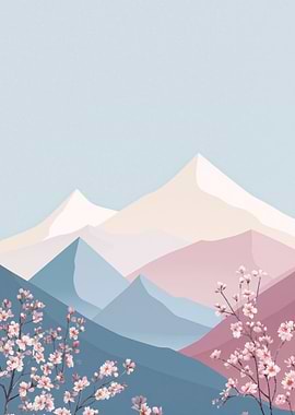 Pastel Mountains and Cherry Blossoms
