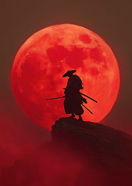 Samurai Silhouette Against Red Moon