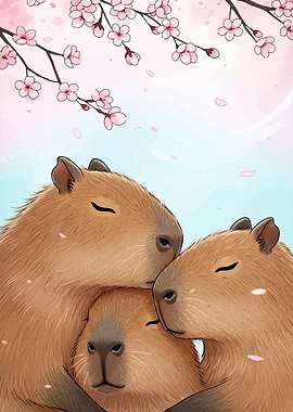 Capybara Family Under Cherry Blossoms