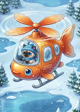 Cat in Fish Helicopter Winter Scene