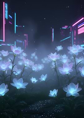 Neon Flowers in Cyberpunk Cityscape