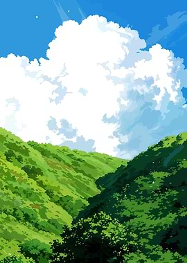 Green Hills and Cloudy Sky