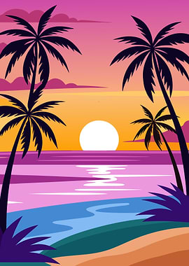 Vibrant Tropical Sunset with Palm Trees Metal Wall Print Art