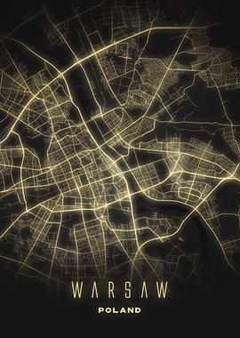 Warsaw, Poland - Night City Map Poster, Illuminated Street Pattern Wall Art