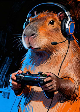 Capybara Gamer with Headset and Controller