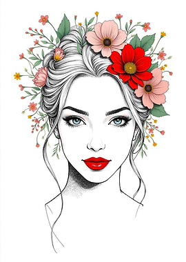 Floral Woman Portrait with Red and Pink Blossoms