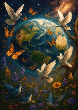 Earth, Doves, Butterflies, and Flowers