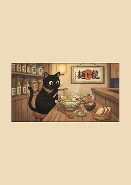 Cat eating ramen in Japanese restaurant