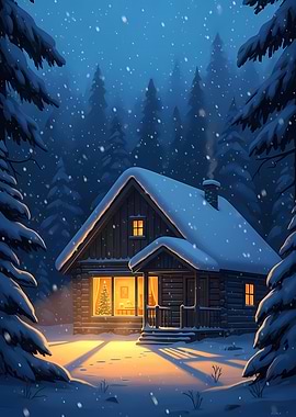 Winter Cabin in Snowy Forest