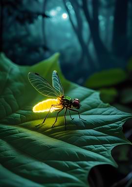 Glowing Insect on Leaf in Forest