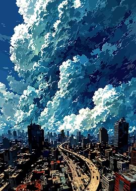 Cityscape under dramatic cloudy sky