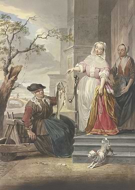 A lady stands with her maid in front of her house, negotiating with a fishmonger