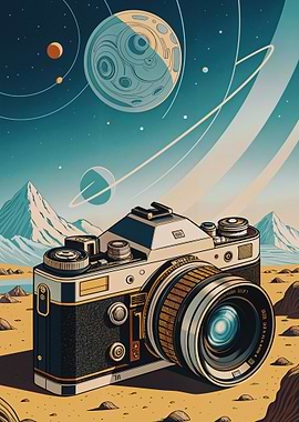Retro Camera in Space Landscape