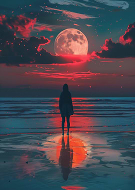 Woman on Beach Under Red Moon