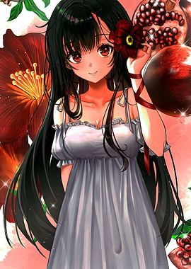 Anime Girl with Pomegranate and Flower