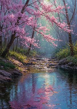 Cherry Blossoms Over Stream