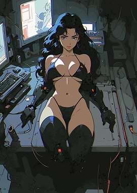 Anime Woman in Cyberpunk Control Room