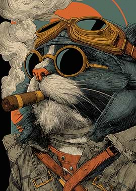 Aviator Cat Smoking Cigar Illustration